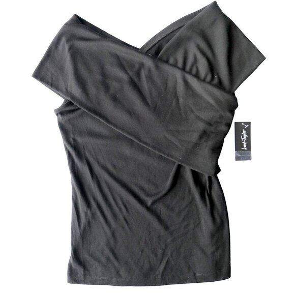Lord & Taylor Off Shoulder Surplice Top Stretch Wrap Shirt Black Jersey XS NEW - Picture 2 of 7